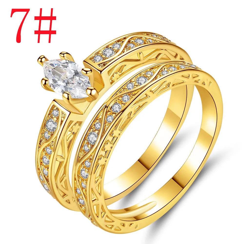 Pair of copper couple rings with horse eye zircon stone, geometric shape, electroplated finish, sizes 6-9