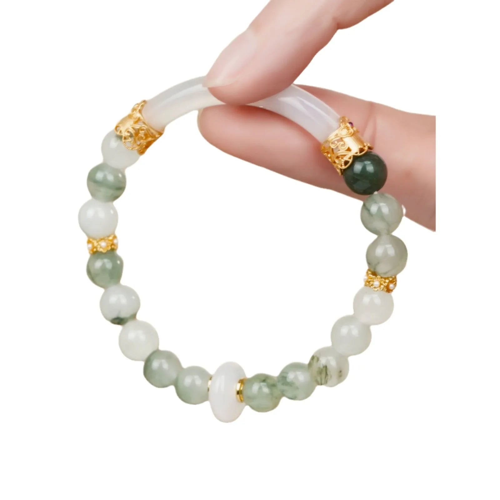Emerald green jade bangle bracelet with floating flower design and round beads