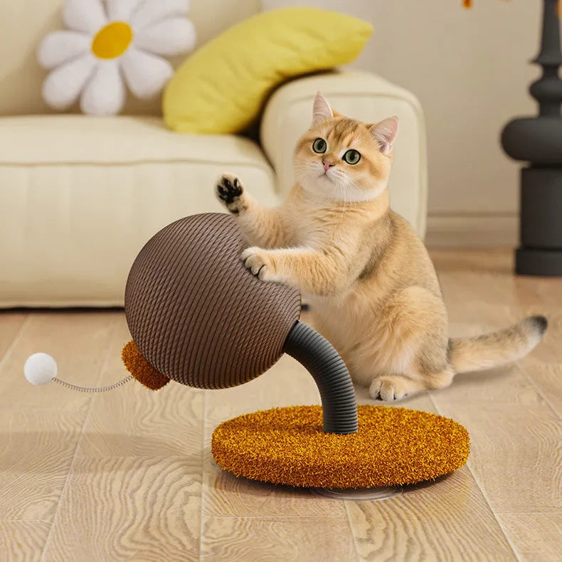 Hemp rope cat scratch board in large and small sizes with tumbler or grasping ball design.
