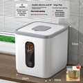 Grey plastic rice storage jar with lid and a measuring cup, for 10kg 20kg or 30kg capacity.
