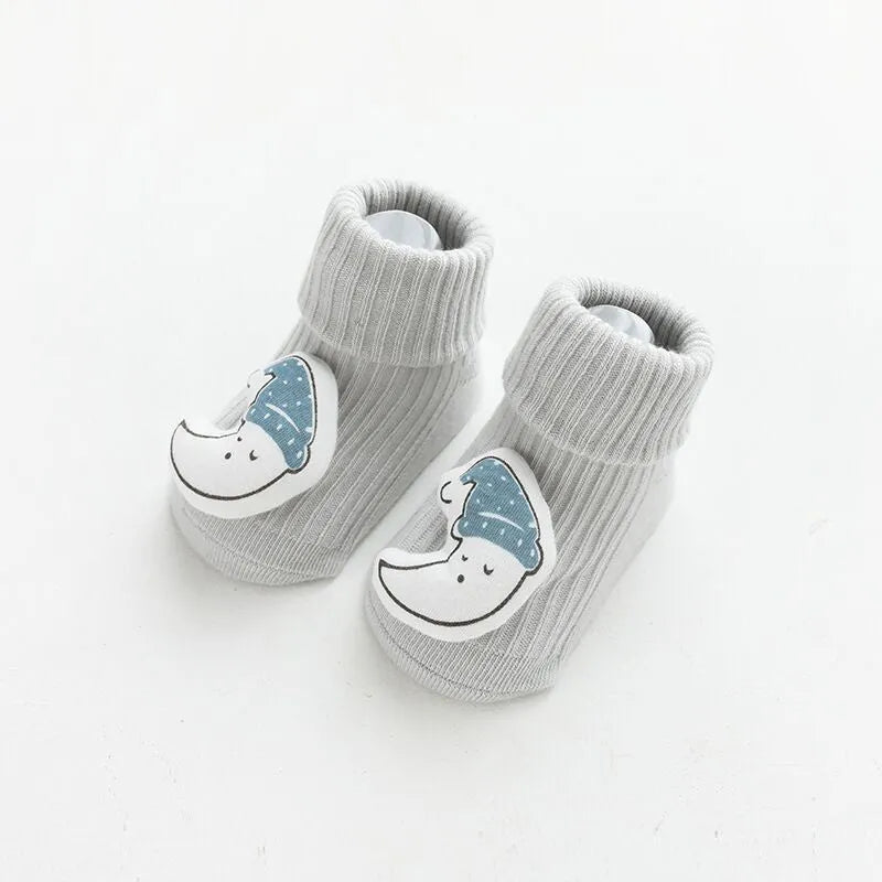 Baby non-slip socks with glue print sole in blue white bear colour, loose fit combed cotton middle tube