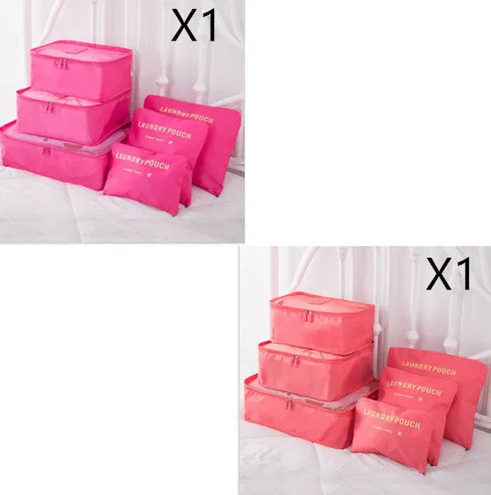 6 piece polyester travel storage bag set in hand bag type shape for clothes and cosmetic organisation, various colour options