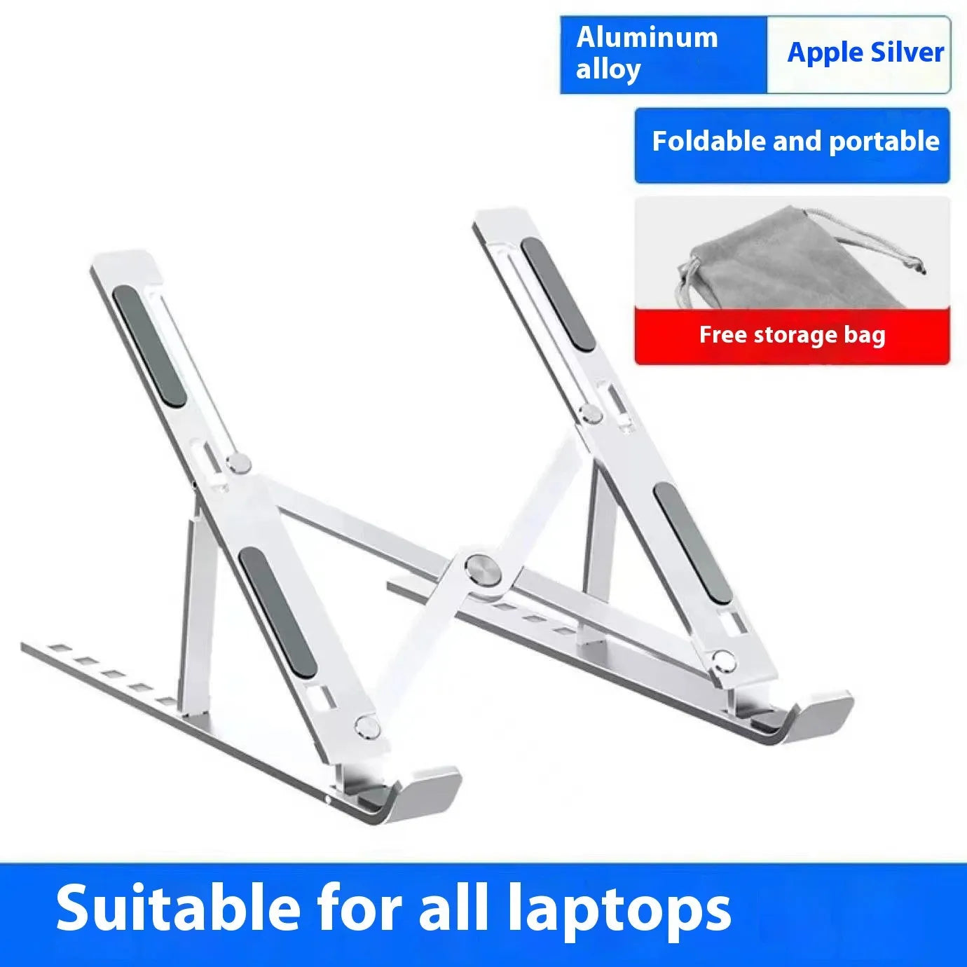 Silver aluminum folding laptop stand open on a desk with a laptop.