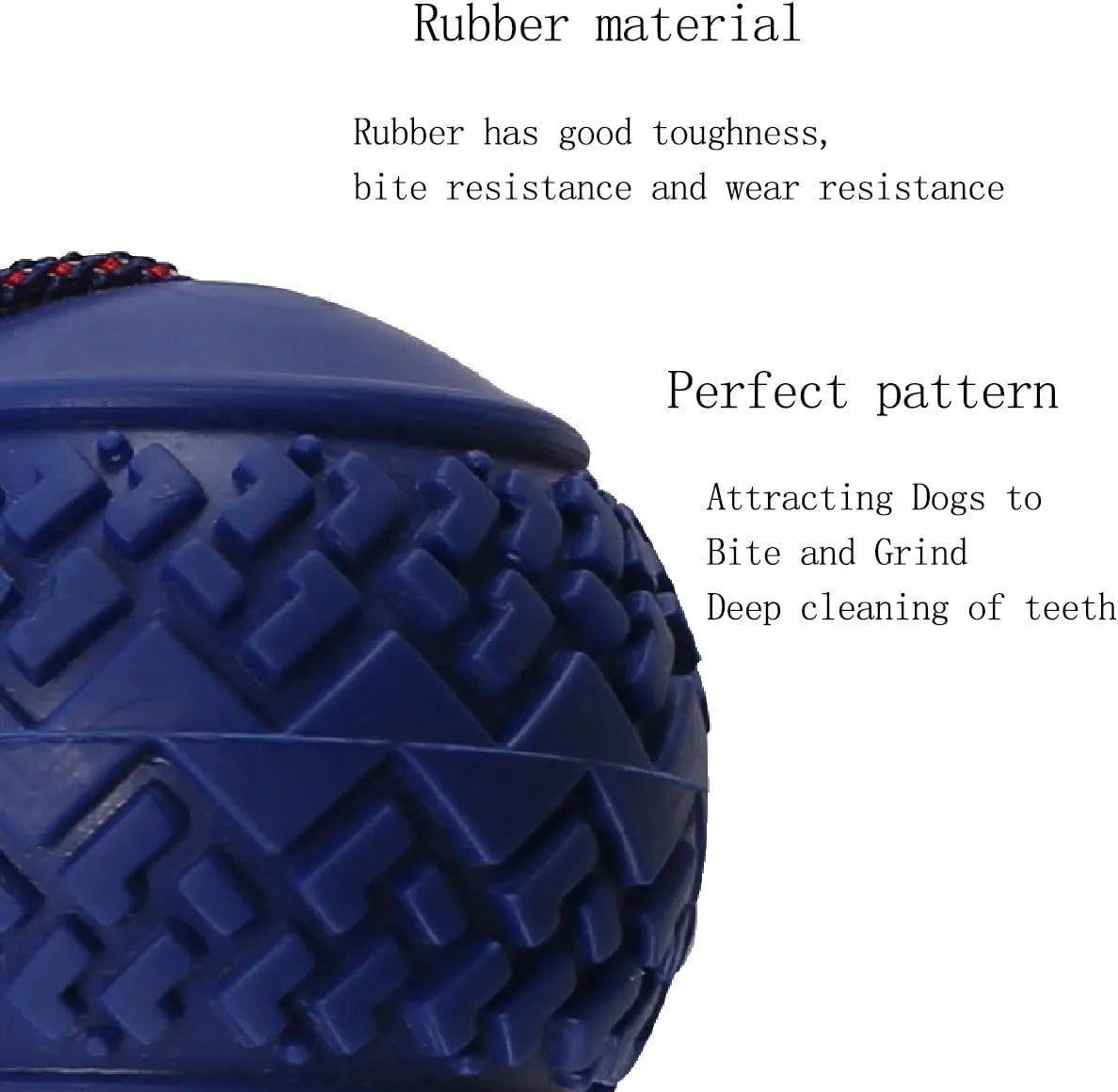 Blue dog toy with a textured rubber ball attached to a cotton rope, shown on grass.