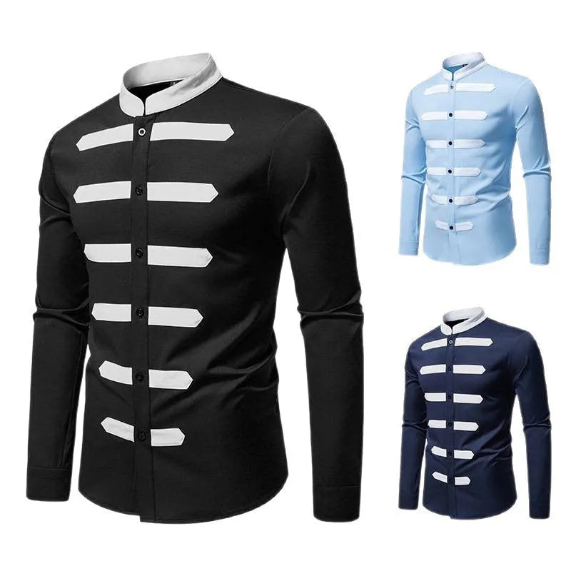 Men's casual long sleeve shirt with black and white stitching, slim fit, cardigan style, polyester fabric