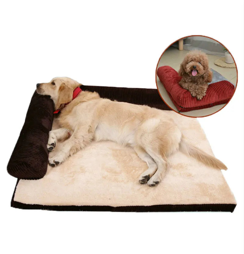 Corduroy pet sofa dog bed with bolster sides, shown in grey colour on a wooden floor
