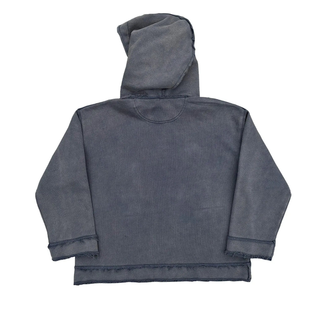 Dark blue hooded sweater showing the front and the reverse side with The Sun Also Rises text.
