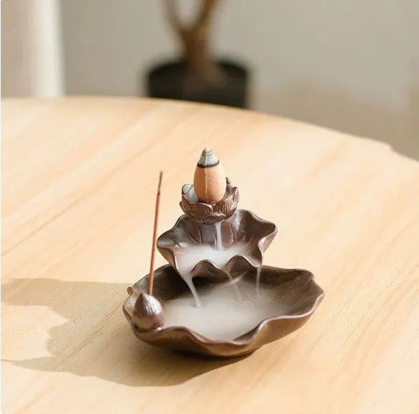 Square purple clay ceramic incense burner with reverse flow design and lotus decoration