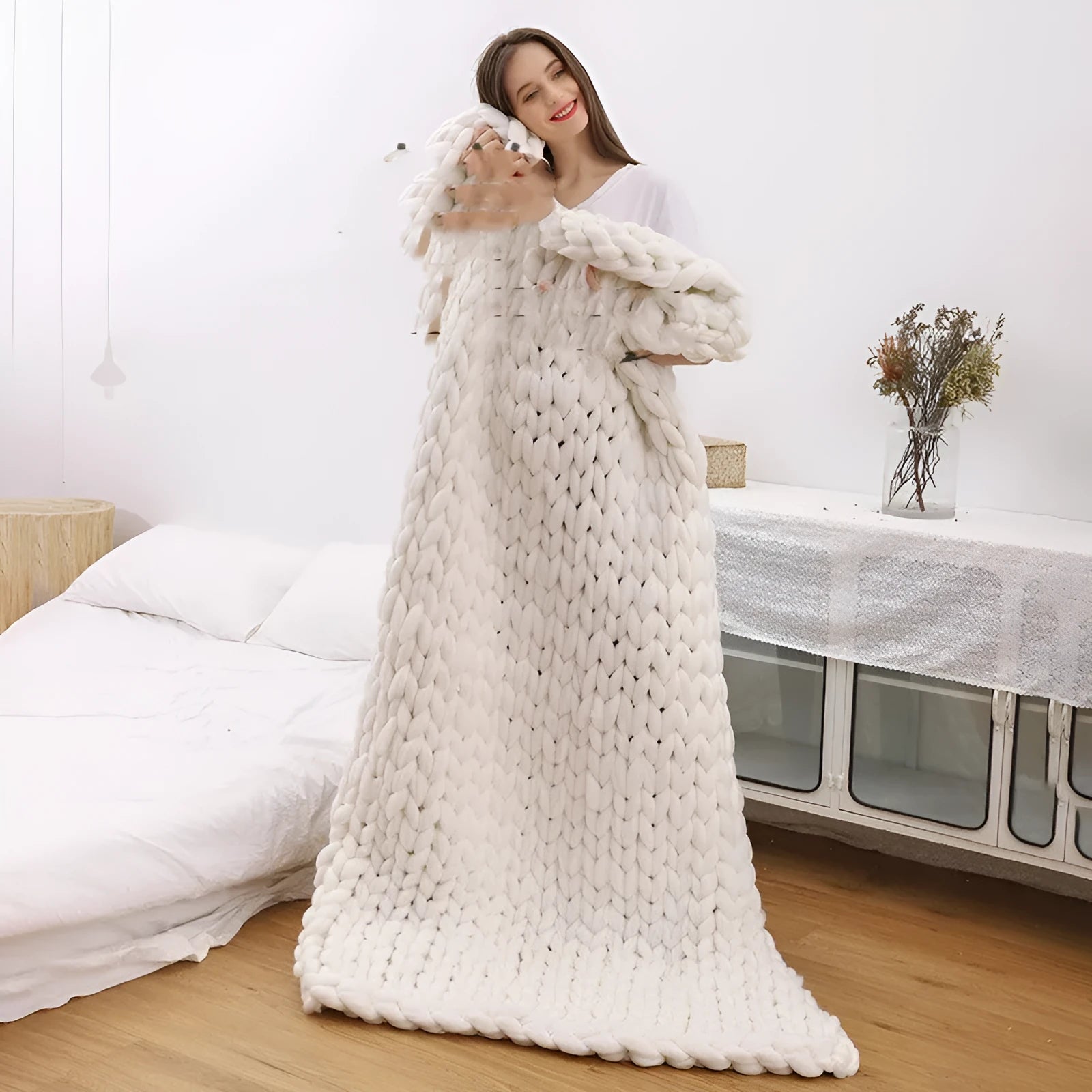 Nordic coarse yarn hand-woven wool chenille blanket in white, 100x200cm size with 6cm thickness