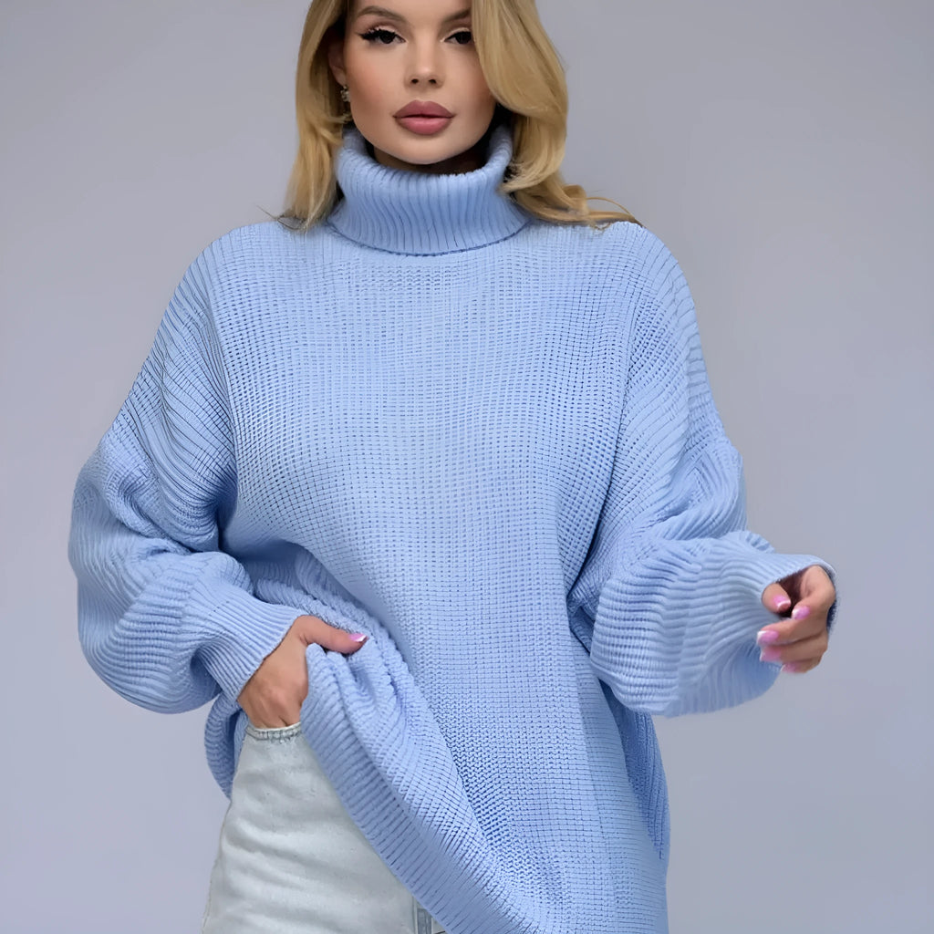 Women's high neck pullover sweater in imitation cashmere polyester fabric