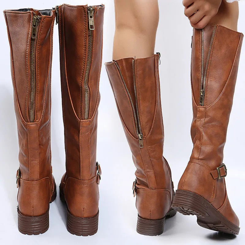 Women's solid-colour knight-style high boots with a square heel, round toe, and belt buckle detail.