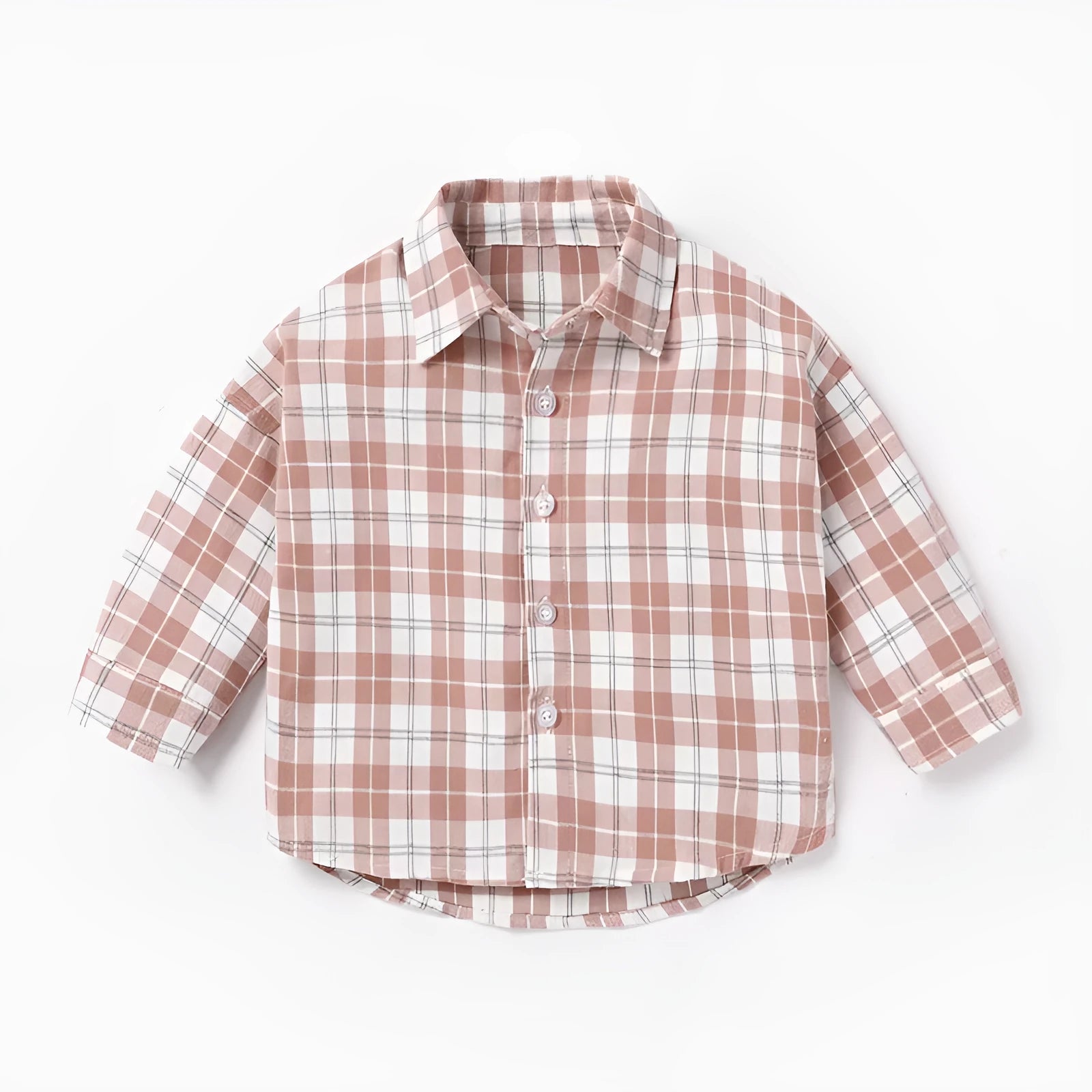 Boy's khaki lattice print cotton long sleeve casual shirt on a hanger
