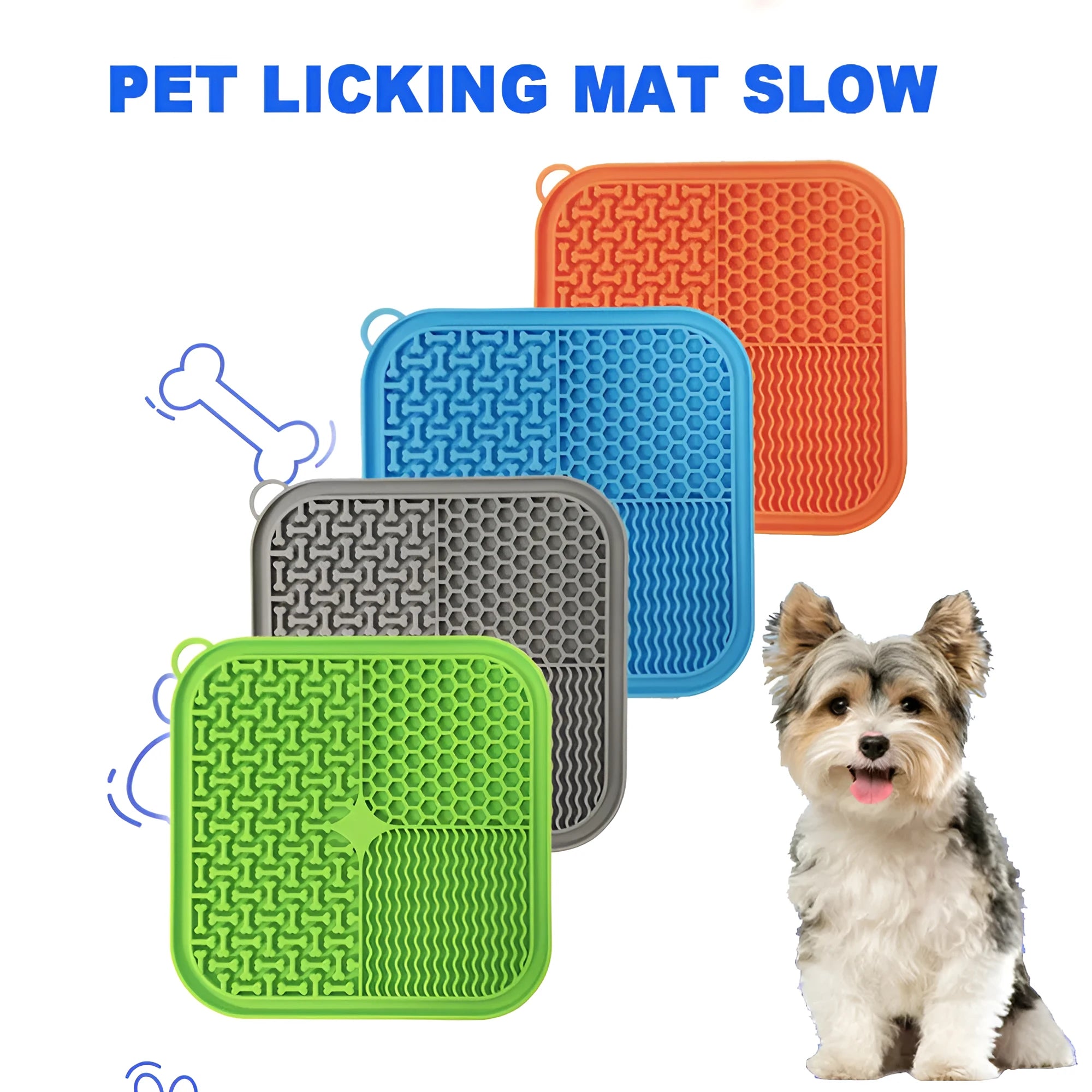Blue silicone dog licking mat with suction cups on a smooth surface
