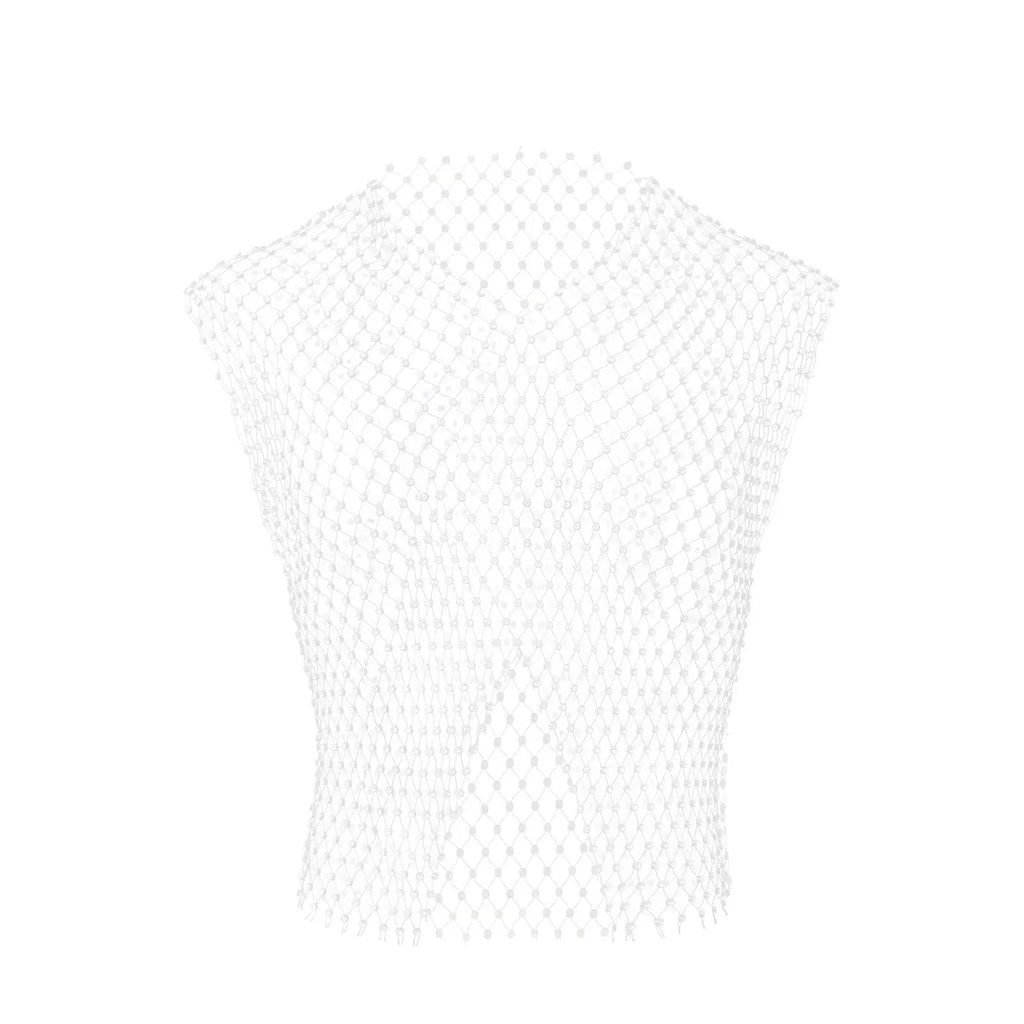 Men's big rhinestone split V-neck fishnet sleeveless top in nylon black and white