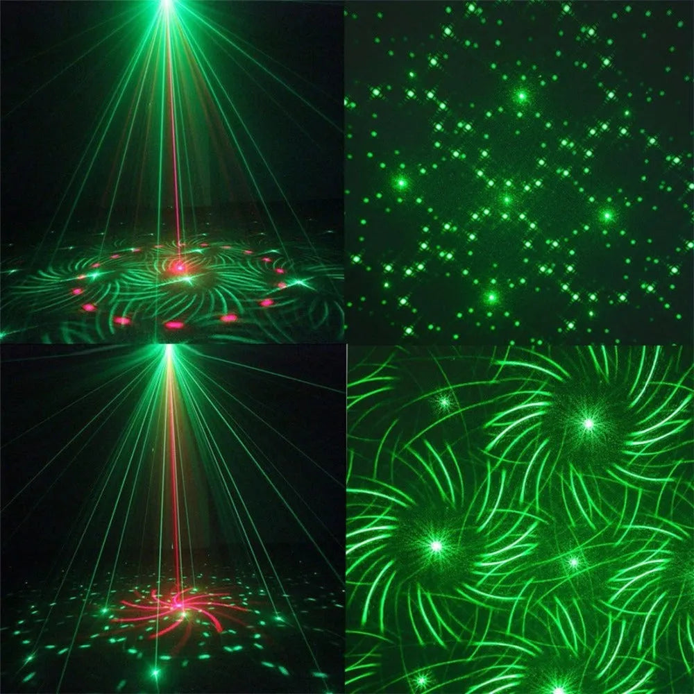 KTV laser light with red and green beams projected on wall, compact black unit with bracket