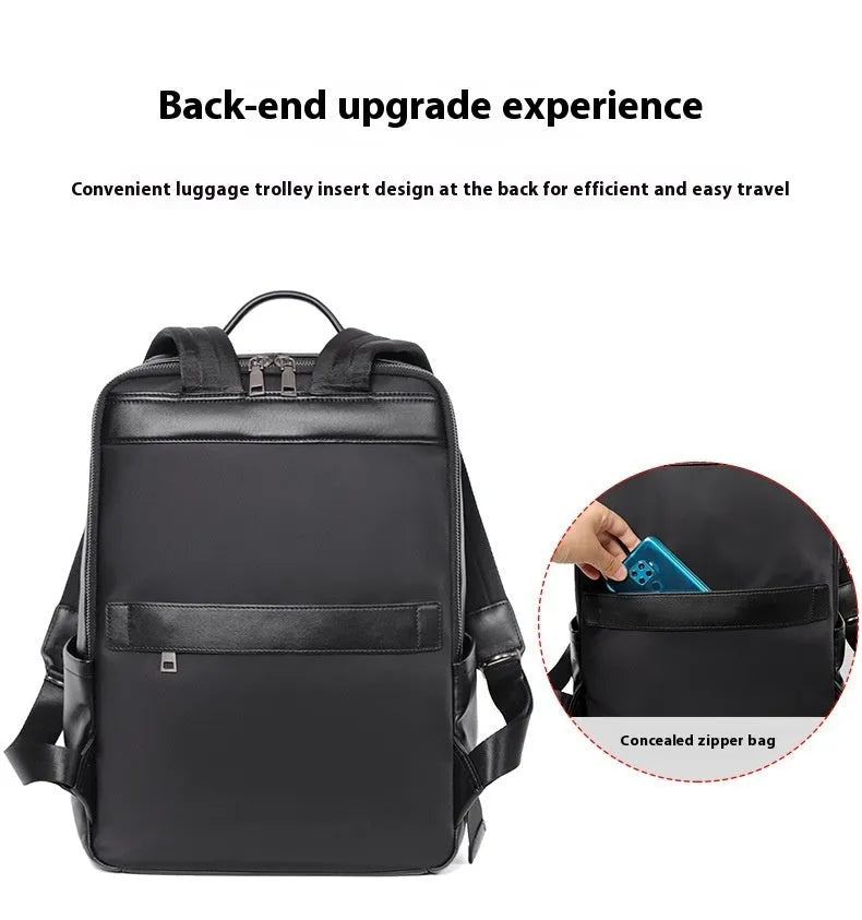 Men's black leather computer backpack showing front view with woven design elements