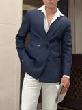 Men's striped double-breasted blazer on a hanger, showing regular fit and polyester construction.