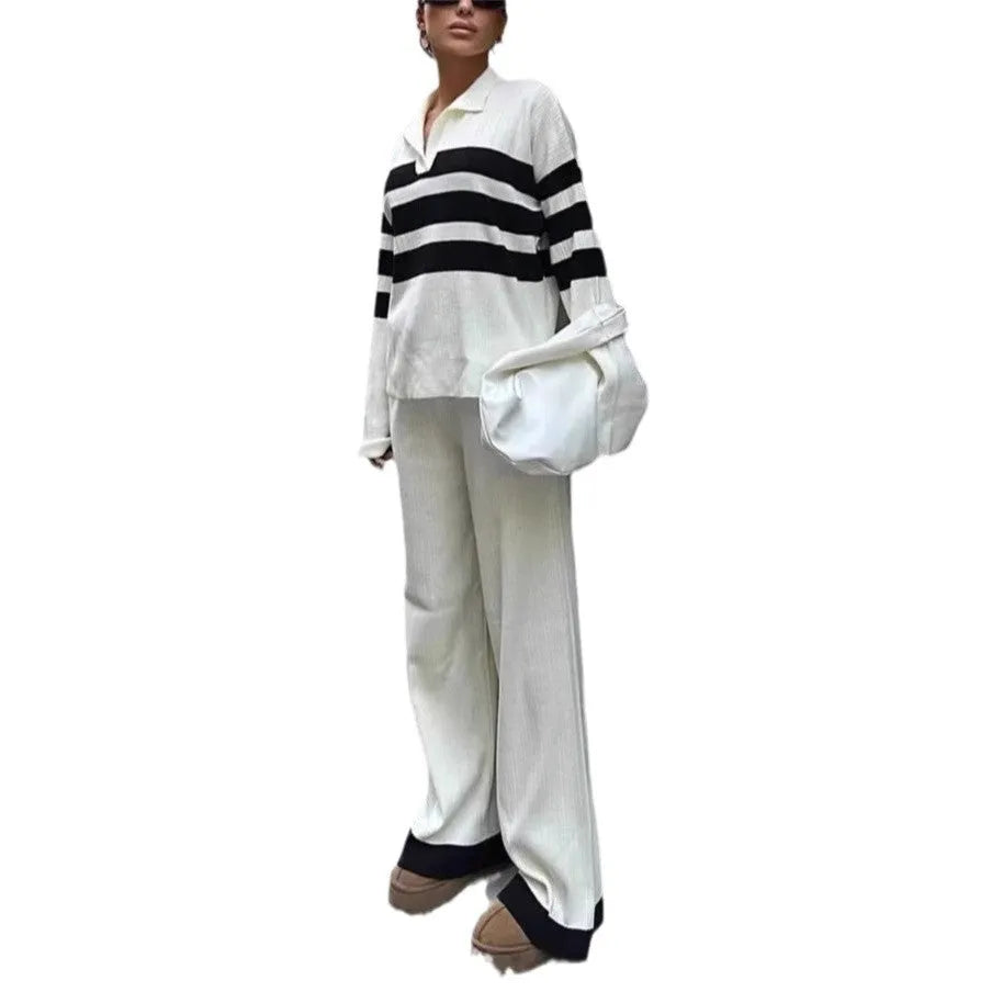 Women's black and white striped polo collar knitted shirt with matching trousers two-piece set