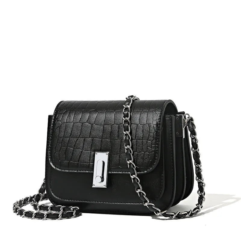 Women's soft PU chain shoulder bag in horizontal square shape with interior mobile phone pocket