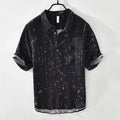 Mens black loose fit lapel polo shirt short sleeve summer casual top