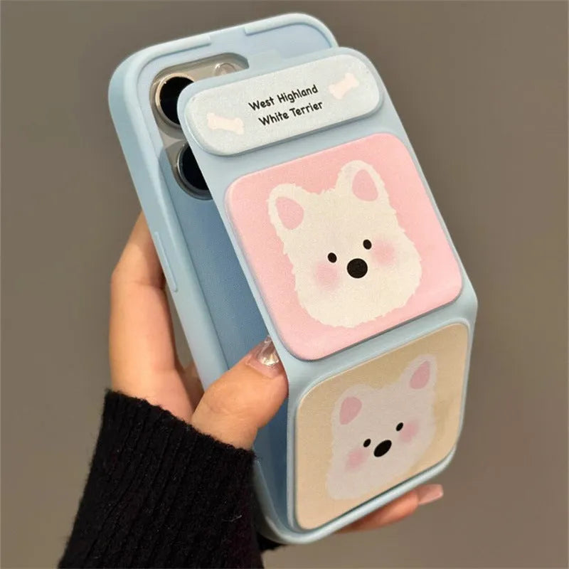 White TPU phone case with cartoon blush West Highland design and folding bracket
