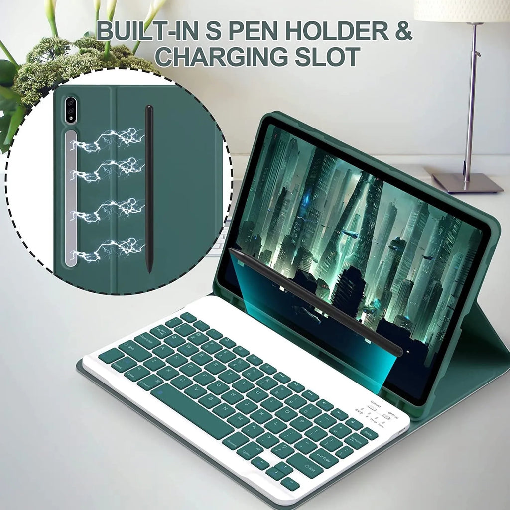 Samsung Galaxy tablet in a TPU protective case with a matching Bluetooth keyboard and charging mouse.