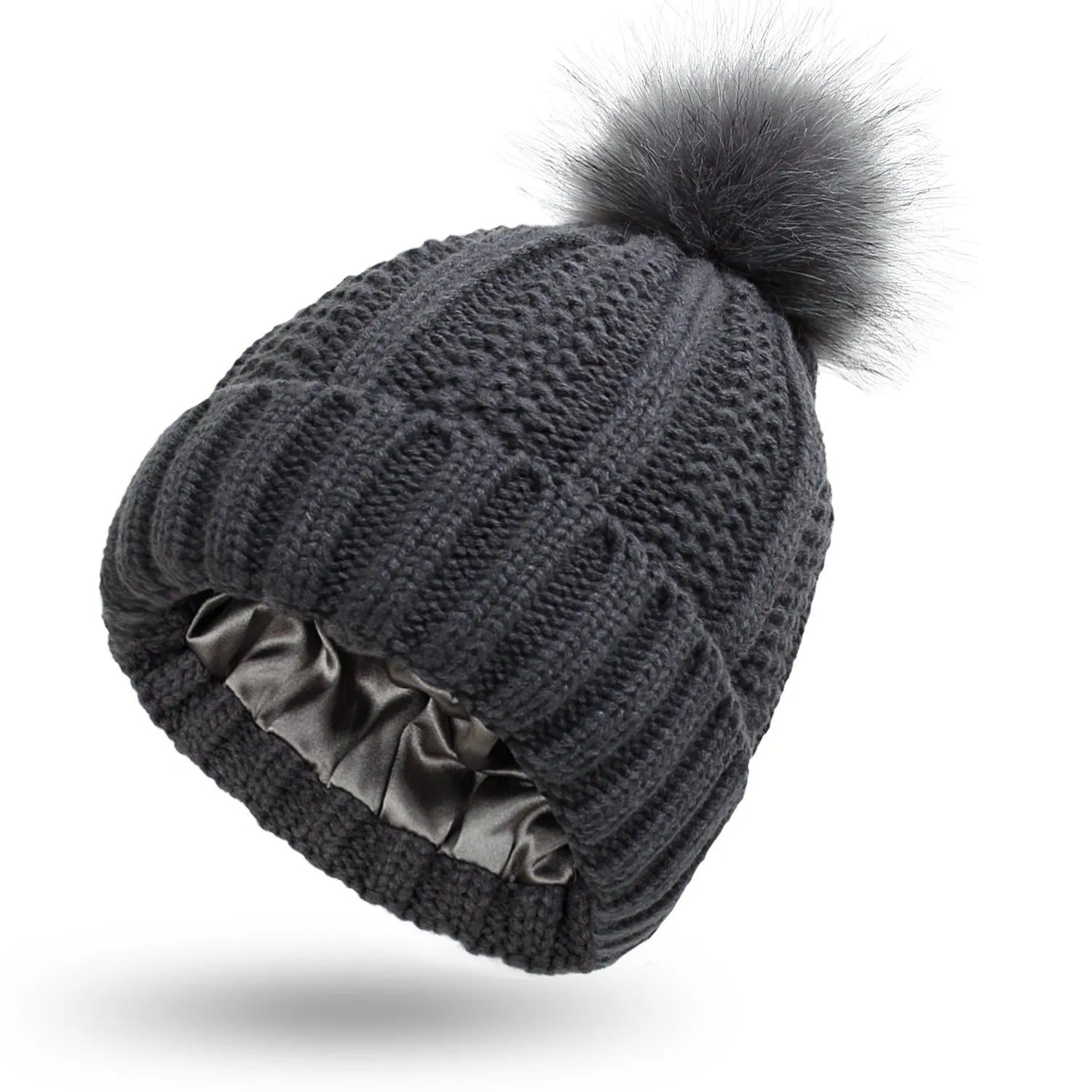 Wool knit beanie hat with satin lining and faux fur pom pom in multiple colours