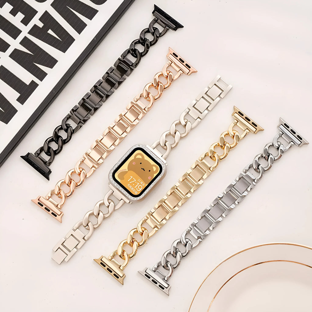 Denim chain metal Apple Watch strap in silver, black, gold, rose gold or Starlight colour options