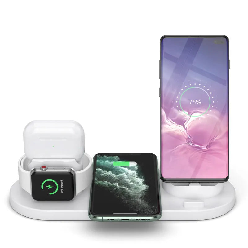 Black and white wireless charging station with phone holder showing multiple device charging pads