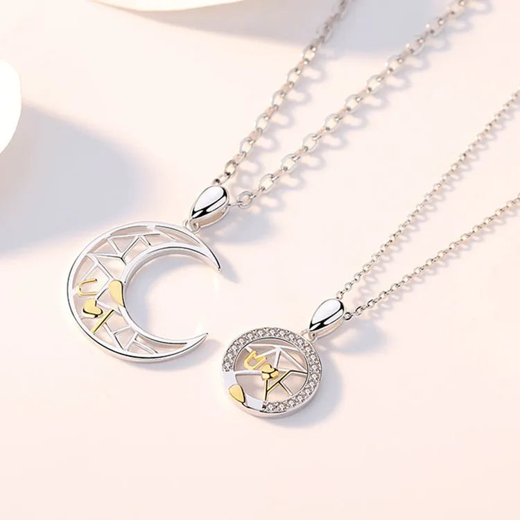 Sun and moon couple necklace with copper pendants on cross chain for matching jewellery