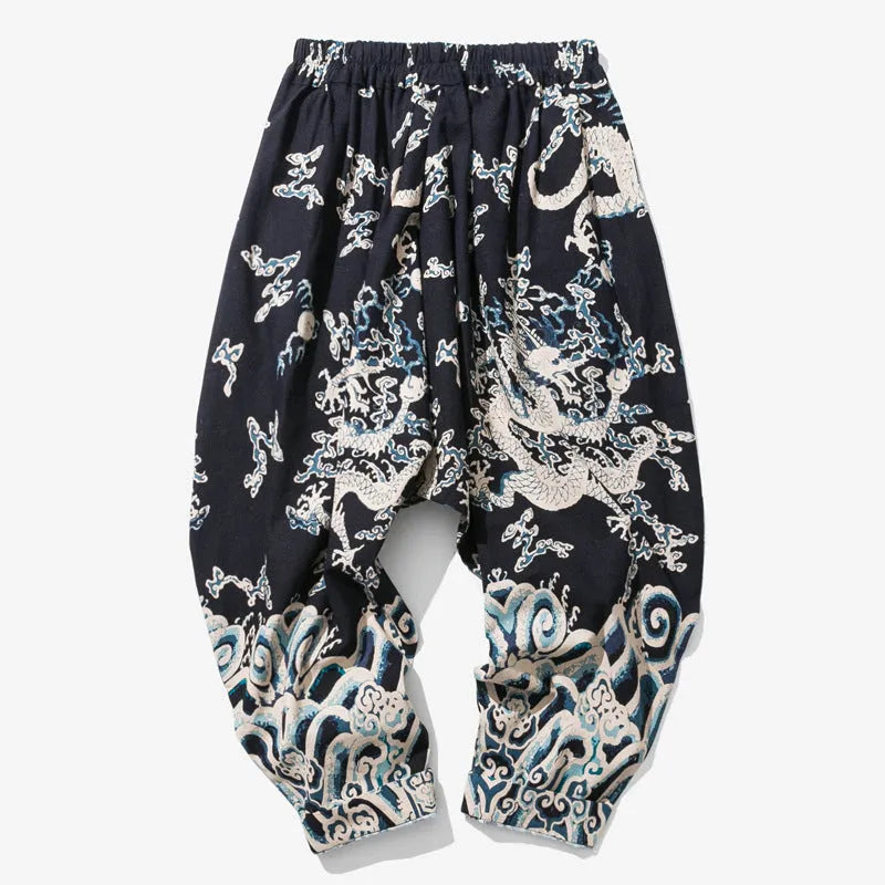 Men's dragon print cross harem trousers with elastic waist and loose leg