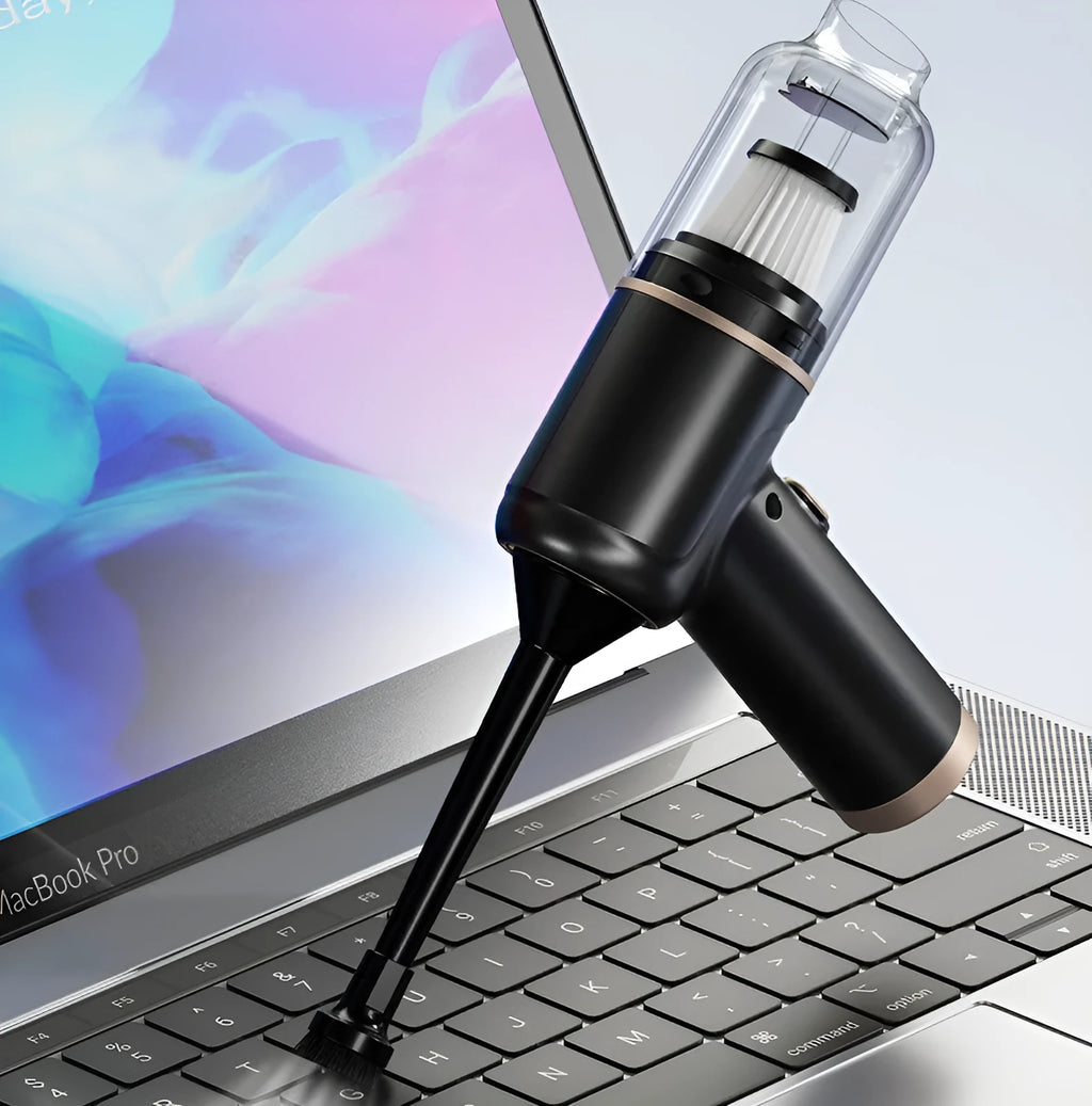 Black wireless handheld car vacuum cleaner with multiple nozzle attachments and USB charging cable