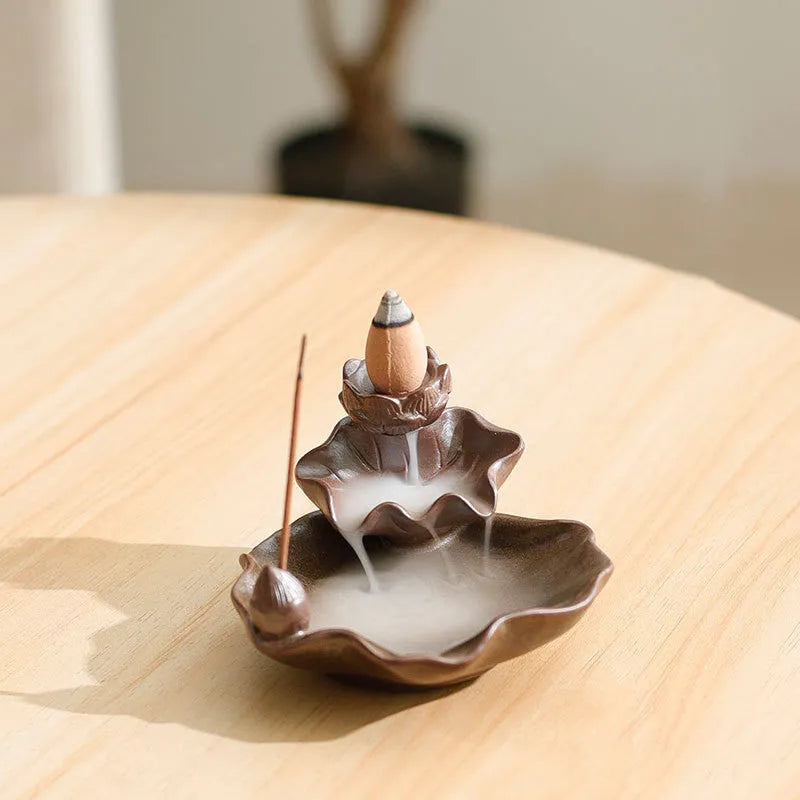 Square purple clay ceramic incense burner with reverse flow design and lotus decoration