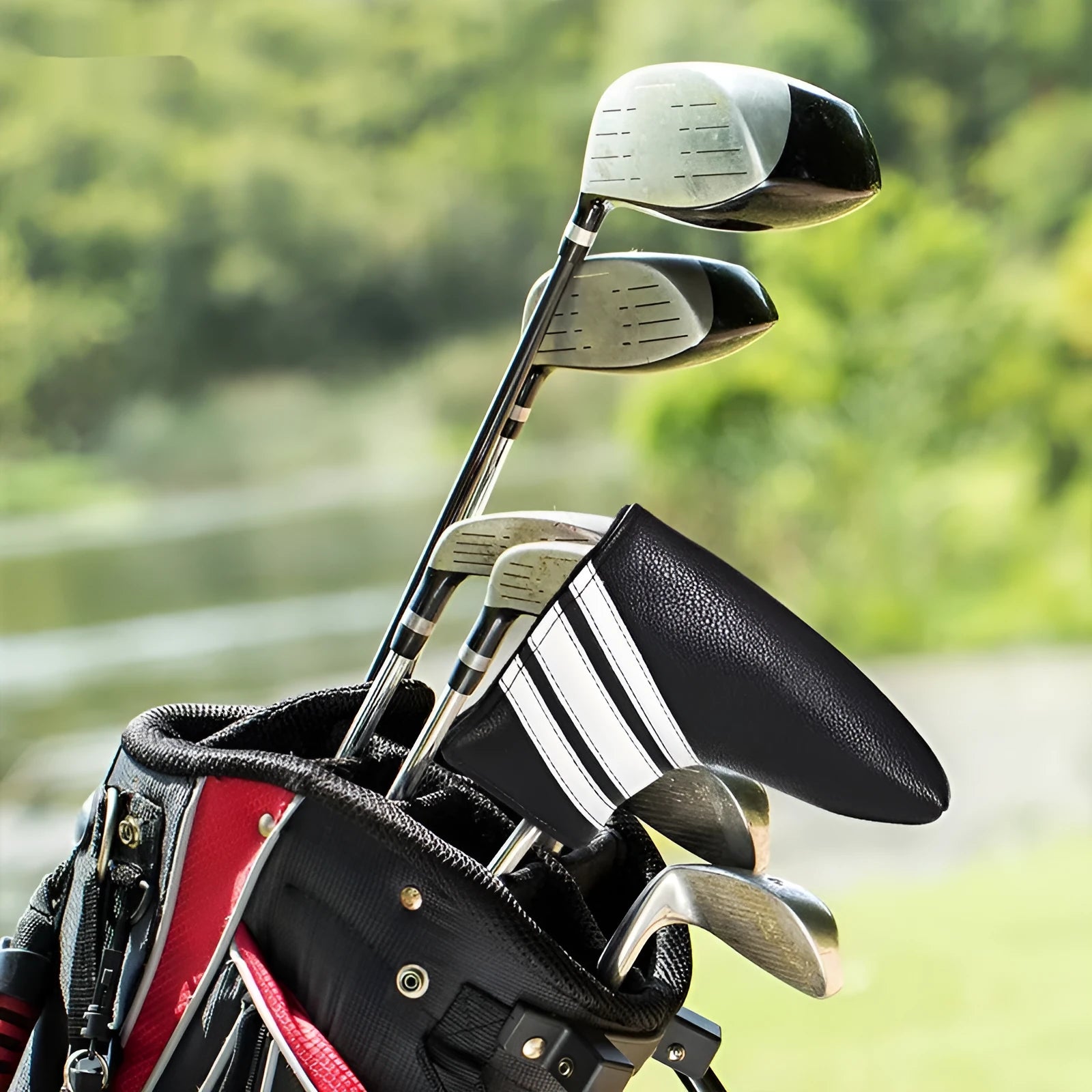 Black PU leather golf push rod case with zipper closure for trolley handle protection