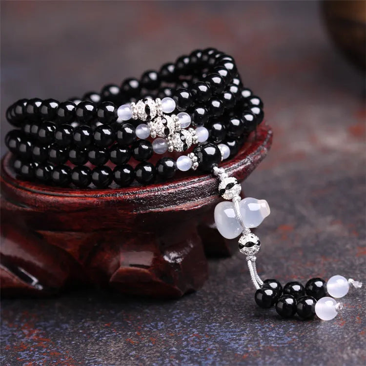Natural black agate 108 beads bracelet geometric shape unisex fashion OL accessory