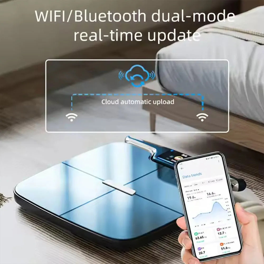 Black eight-electrode body fat smart scale showing digital display on 45cm platform