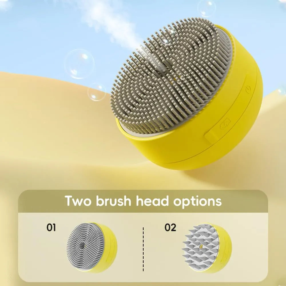 Rechargeable green and yellow silicone steam brush for grooming cats and dogs