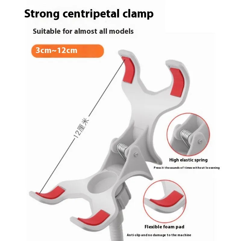 Metal lazy stand gadget with phone clip in black on a desk showing 95cm height and rotary head