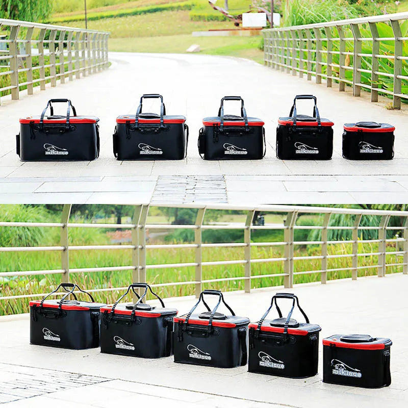 Collapsible EVA portable fishing bag in black with nylon zipper, folded flat on a wooden table