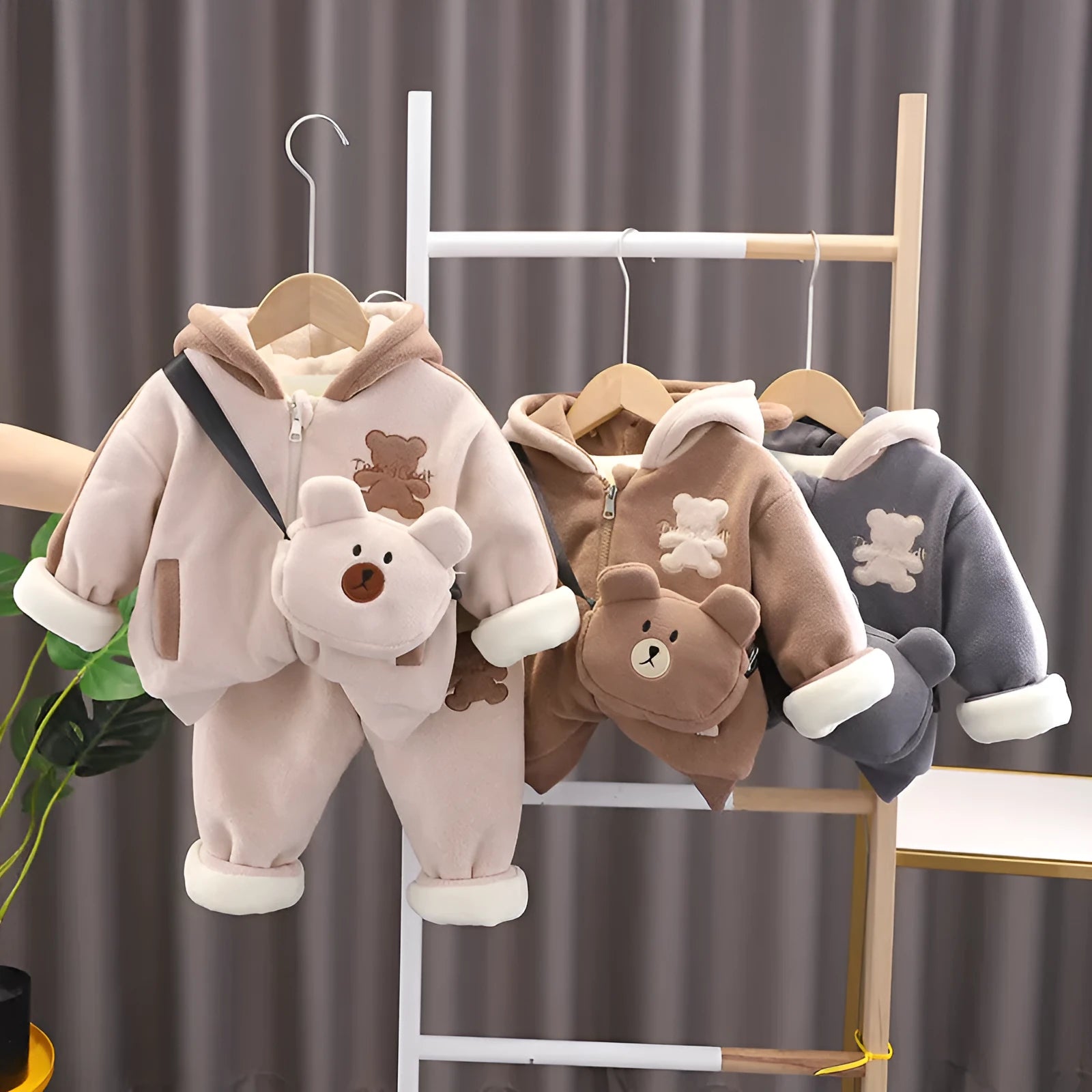 Padded hooded cotton baby winter coat set in beige with trousers, quilted zip-up Korean style