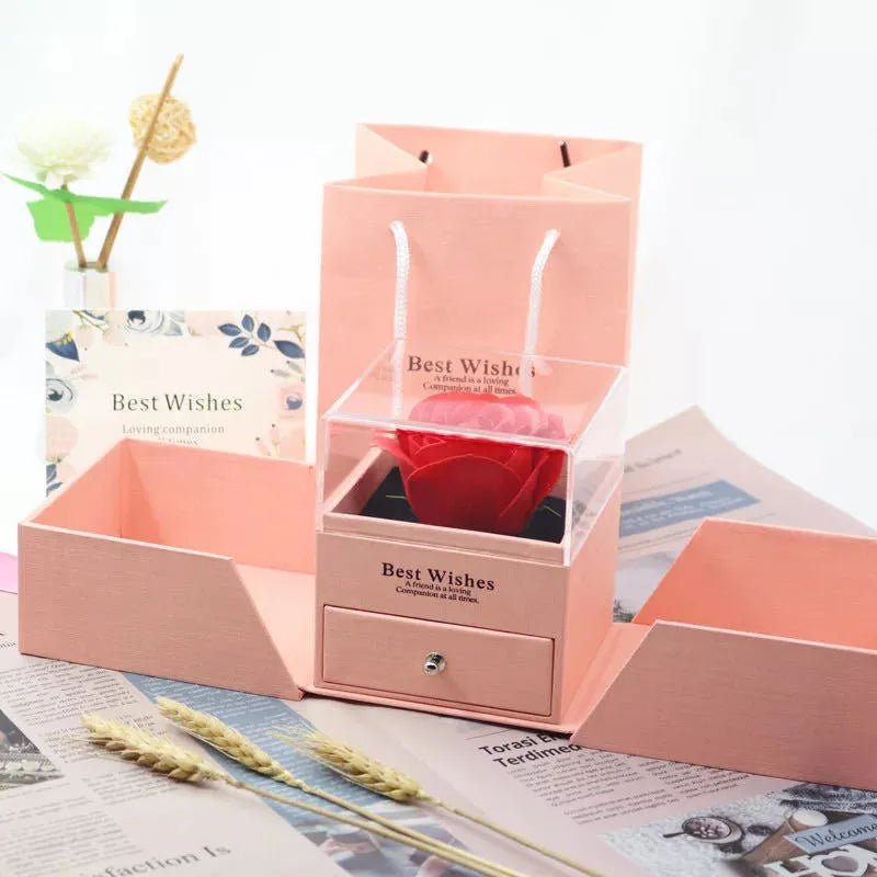 Plastic eternal flower ring jewellery box in blue green grey pink paper cardboard construction