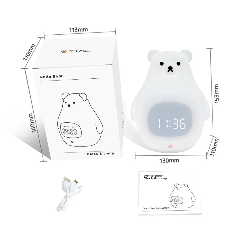 White bear shaped silicone night light with sleep timer and alarm clock functions