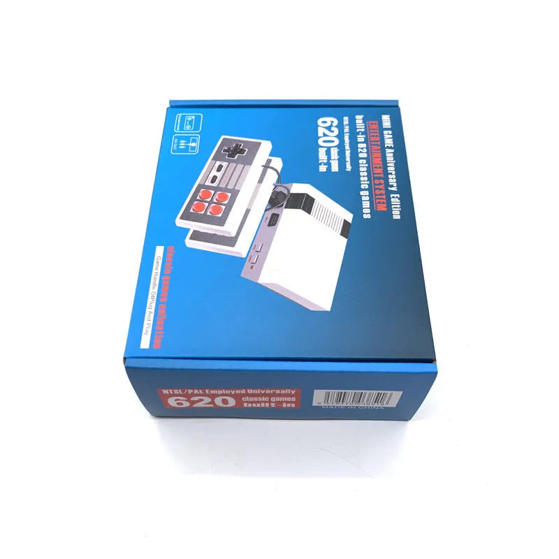 NES 8-bit retro gaming console with two controllers and AV cable on compact 18.3x14.3x7cm black ABS housing