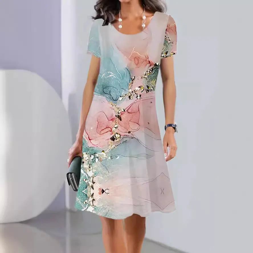 Light blue floral print A-line summer dress with short sleeves and round neck.