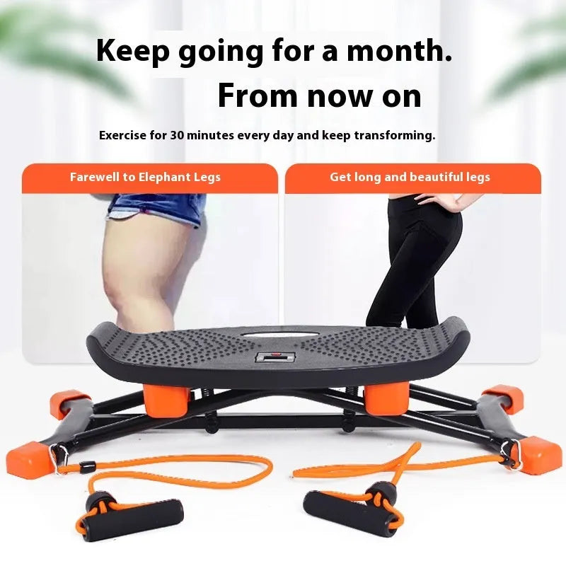 Black portable mini fitness skiing machine with elastic hand straps for indoor home workouts