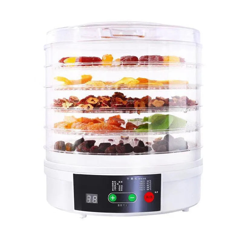Household food dehydrator appliance with multiple stacked drying shelves on a countertop