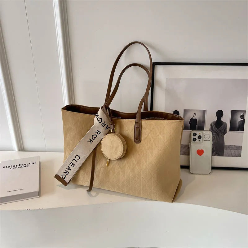 Soft polyester large capacity shoulder tote bag with multiple compartments in horizontal square shape