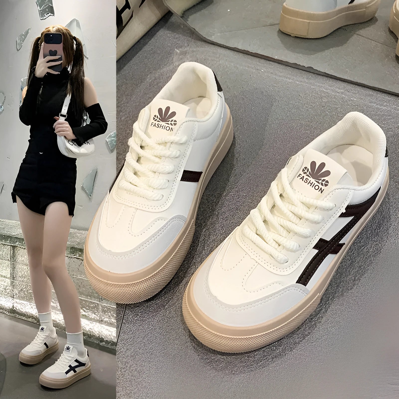 Brown and blue low-top women's casual lace-up shoes with round toe and patent leather finish.