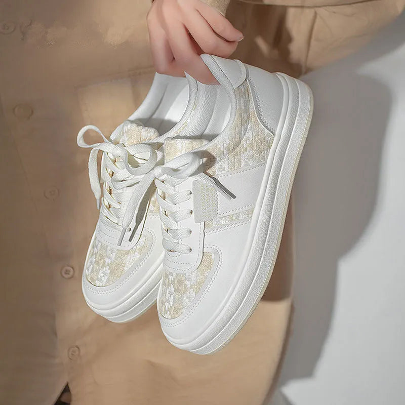 Beige plaid leisure sports shoes with lace-up front and rubber sole