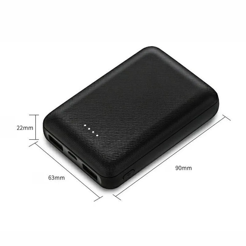 Black and white ultra-thin 10,000mAh power bank showing multi-U port output and compact 90x63x22mm dimensions